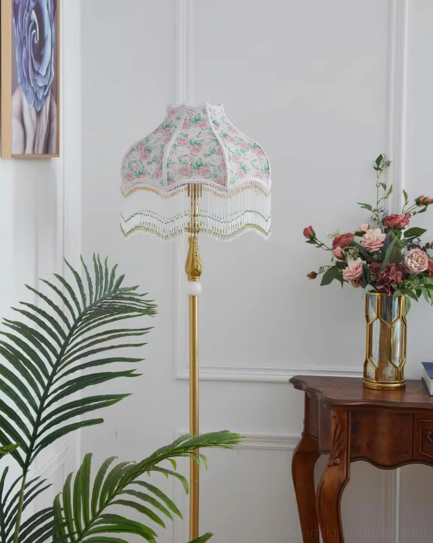 Ornate Victorian floor lamp with gold metal base in living room setting