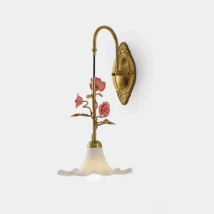 Ornella botanical wall sconce with pink rose floral accents and frosted glass shade, front view studio lighting