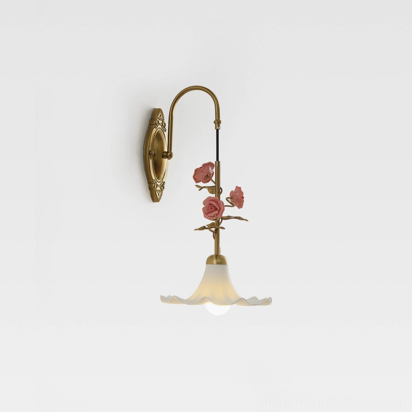 Ornella decorative wall sconce unlit showing pink rose floral climbing vine design and brass hardware