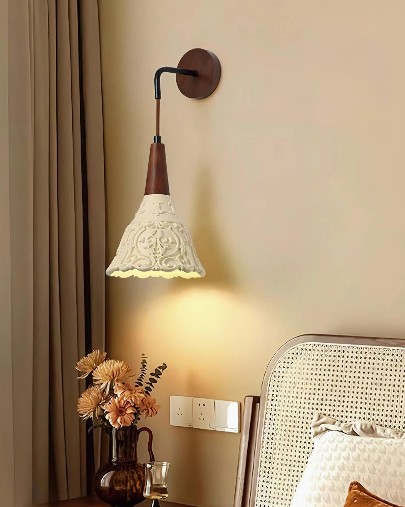 Ornella wall sconce architectural perspective, showing scale and proportion of carved mounting arm and shade assembly