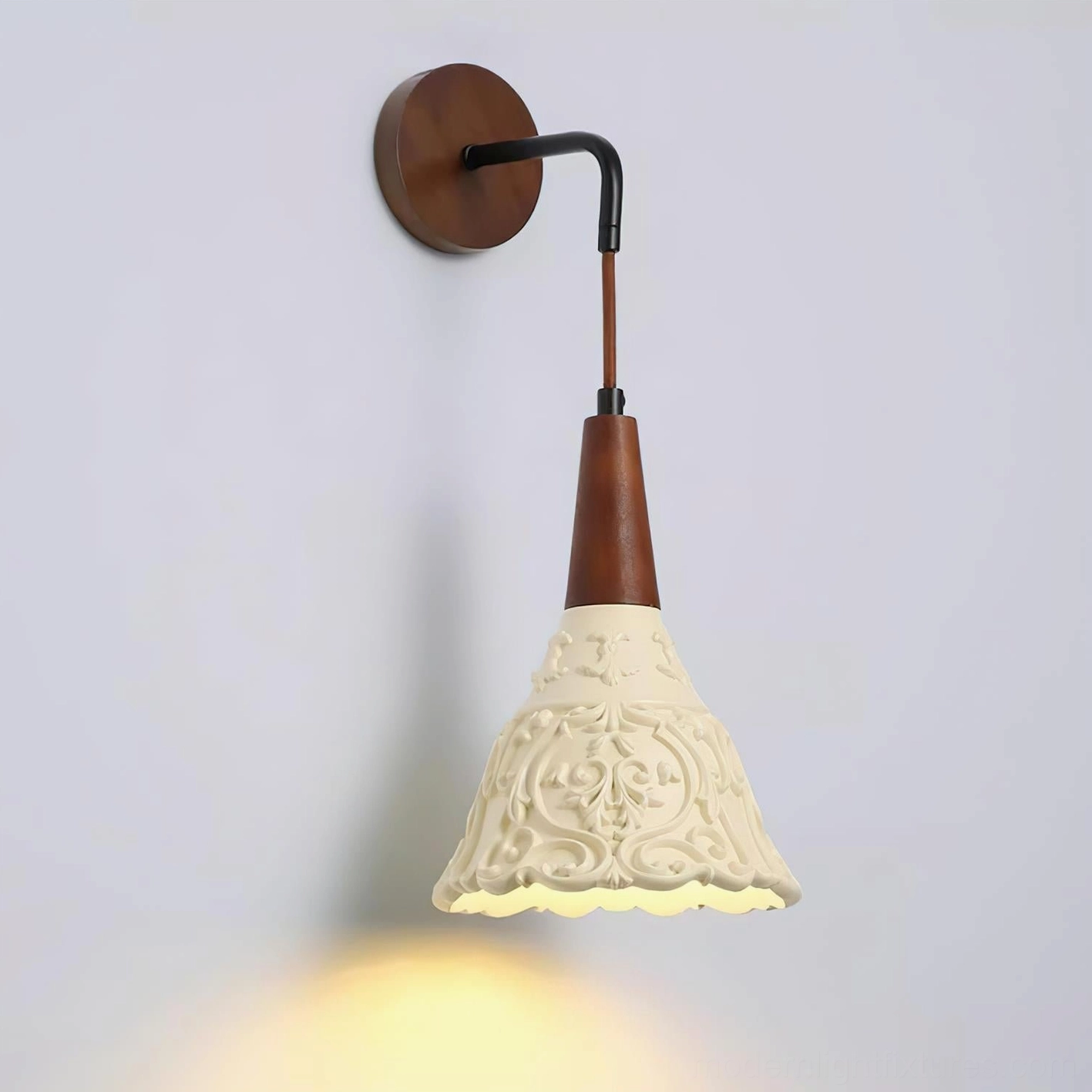 Ornella carved resin wall sconce with LED bulb compatibility, energy-efficient warm lighting demonstration