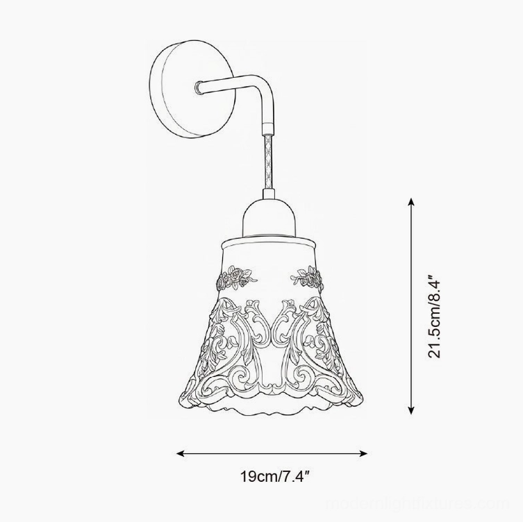 Ornella Model B wall sconce technical drawing, specifications showing 19cm width and 21.5cm height proportions