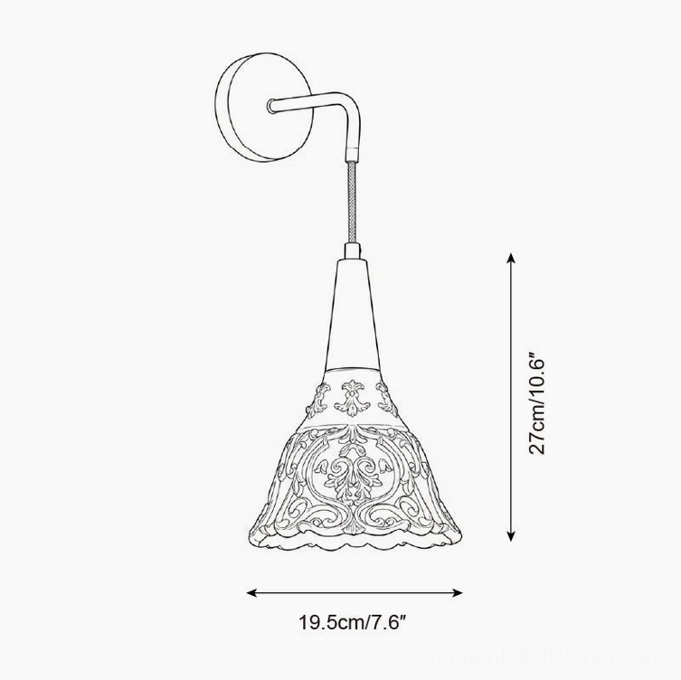 Ornella Model C wall sconce technical drawing, tall carved design showing 19.5cm width and 27cm height specifications