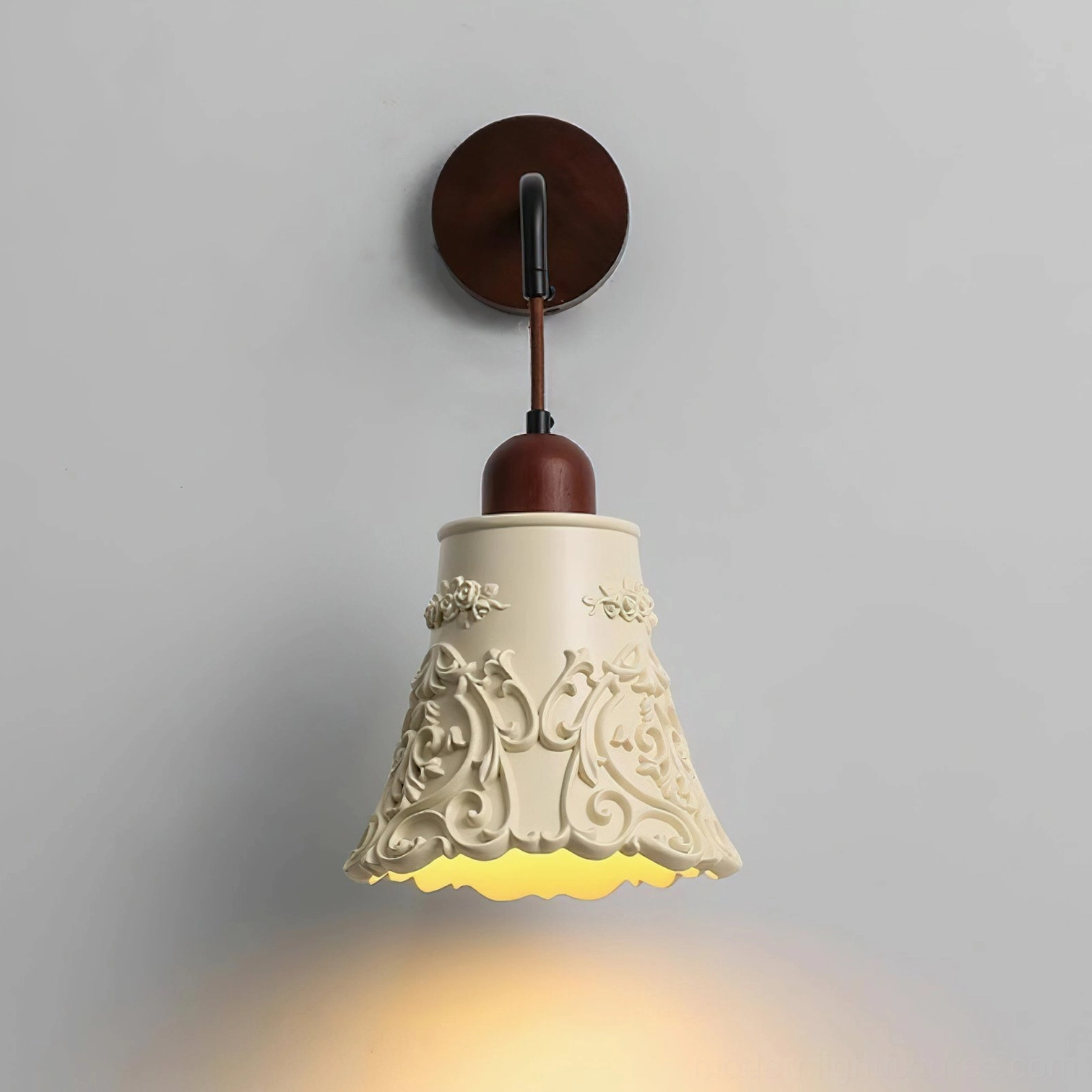 Ornella wall sconce color finish detail, walnut wood tone and beige resin shade combination