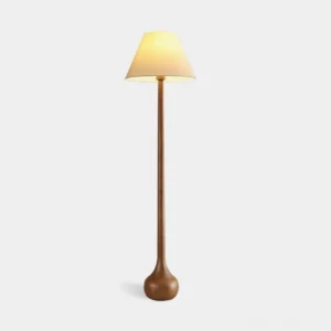 Osaka minimalist wood floor lamp with spherical base and tapered fabric shade - mid-century modern floor lamp front view