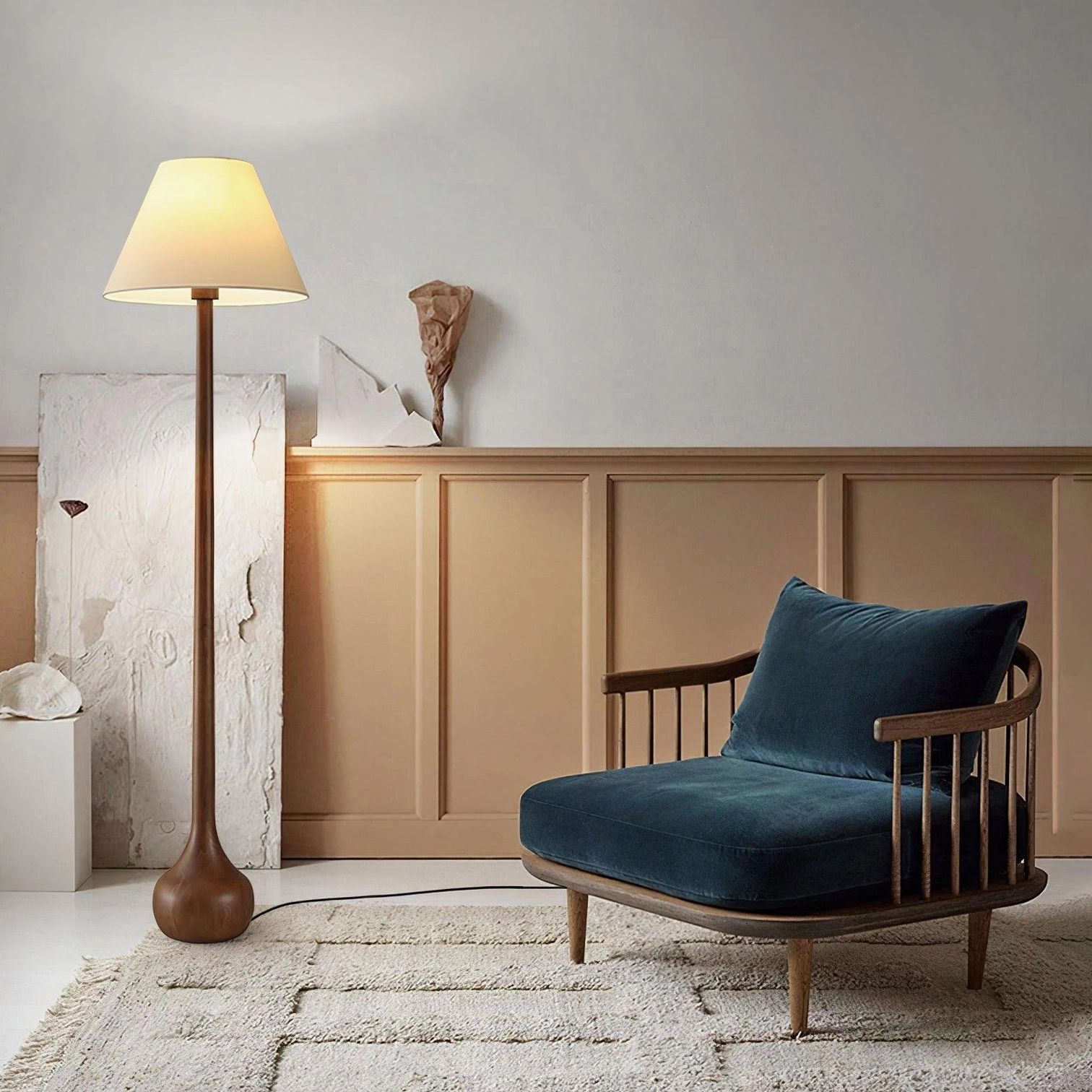 Osaka mid-century modern floor lamp side view showing wooden pole, spherical base and fabric shade detail