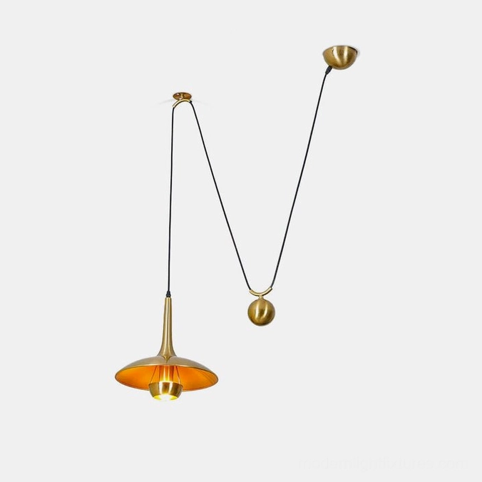 Dual Oscar pendant lights in gold brass finish with matching suspension system on white background
