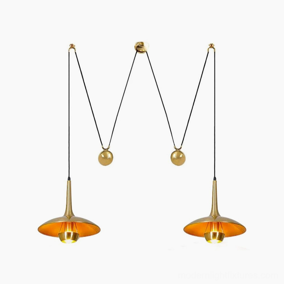 Dual Oscar pendant lights double configuration in warm gold finish with modern minimalist design