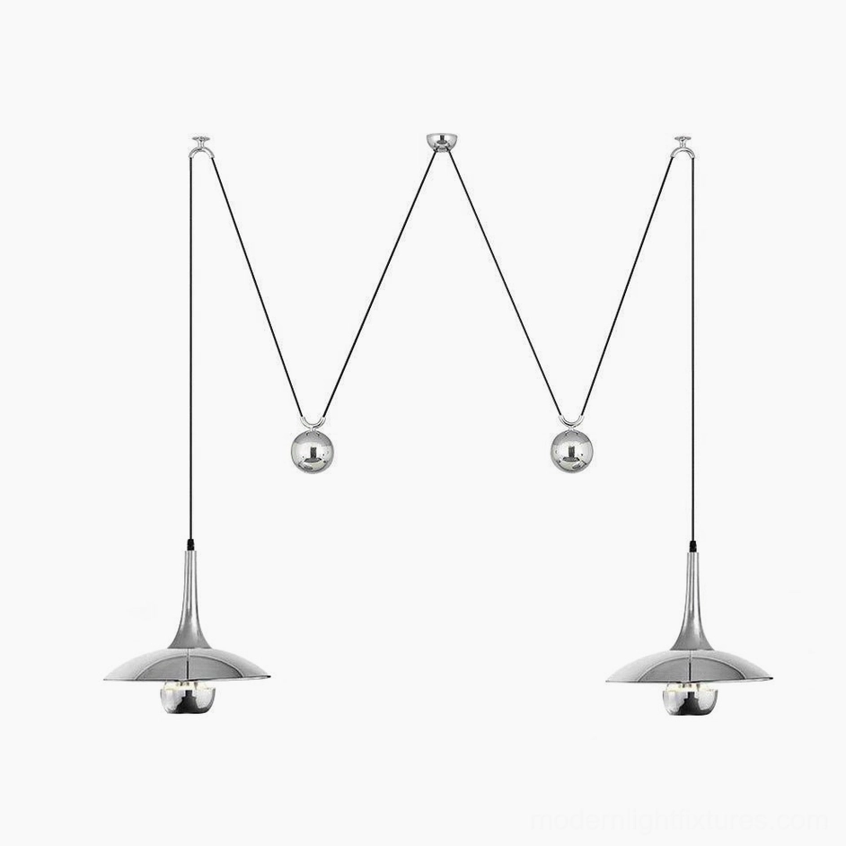 Oscar pendant light showcase featuring polished chrome metal construction and precision cable suspension system