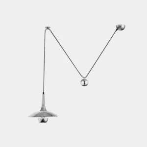 Oscar modern pendant light M-shaped design front view with silver polished metal shade and cable suspension on white background