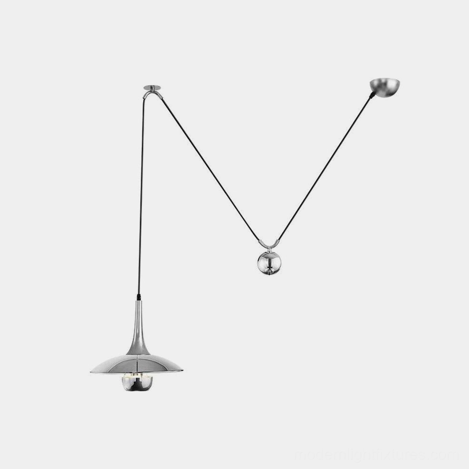 Oscar modern pendant light M-shaped design front view with silver polished metal shade and cable suspension on white background