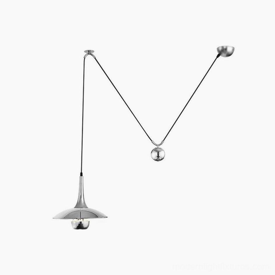 Single Oscar modern pendant light with polished silver metal shade and integrated counterweight sphere