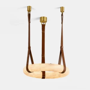 Oslo alabaster ring pendant light with brass ceiling base and brown leather suspension strap, front overhead view on white background