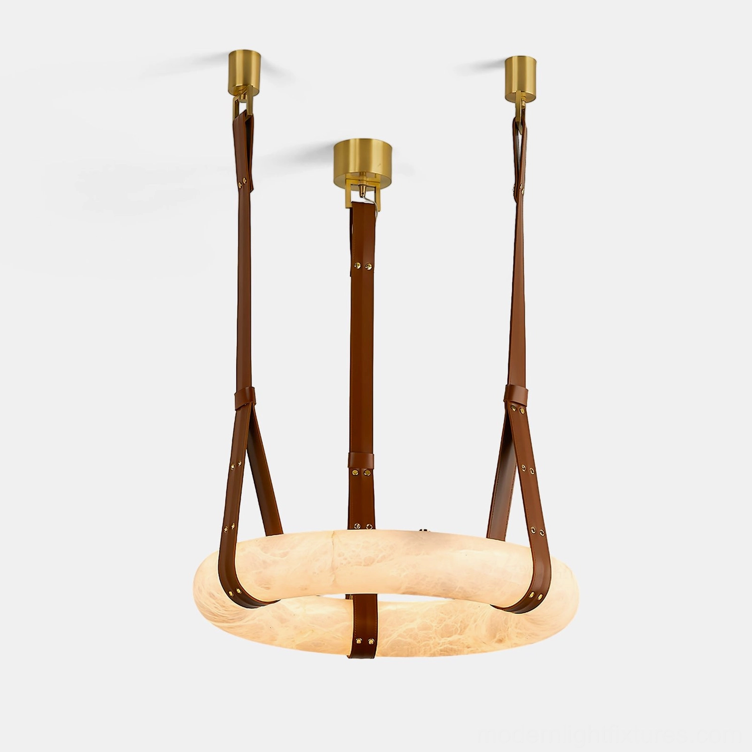 Oslo alabaster ring pendant light with brass ceiling base and brown leather suspension strap, front overhead view on white background