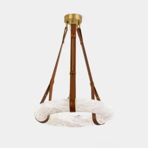 Oslo alabaster ring pendant light with leather suspension shown in studio setting with modern luxury styling