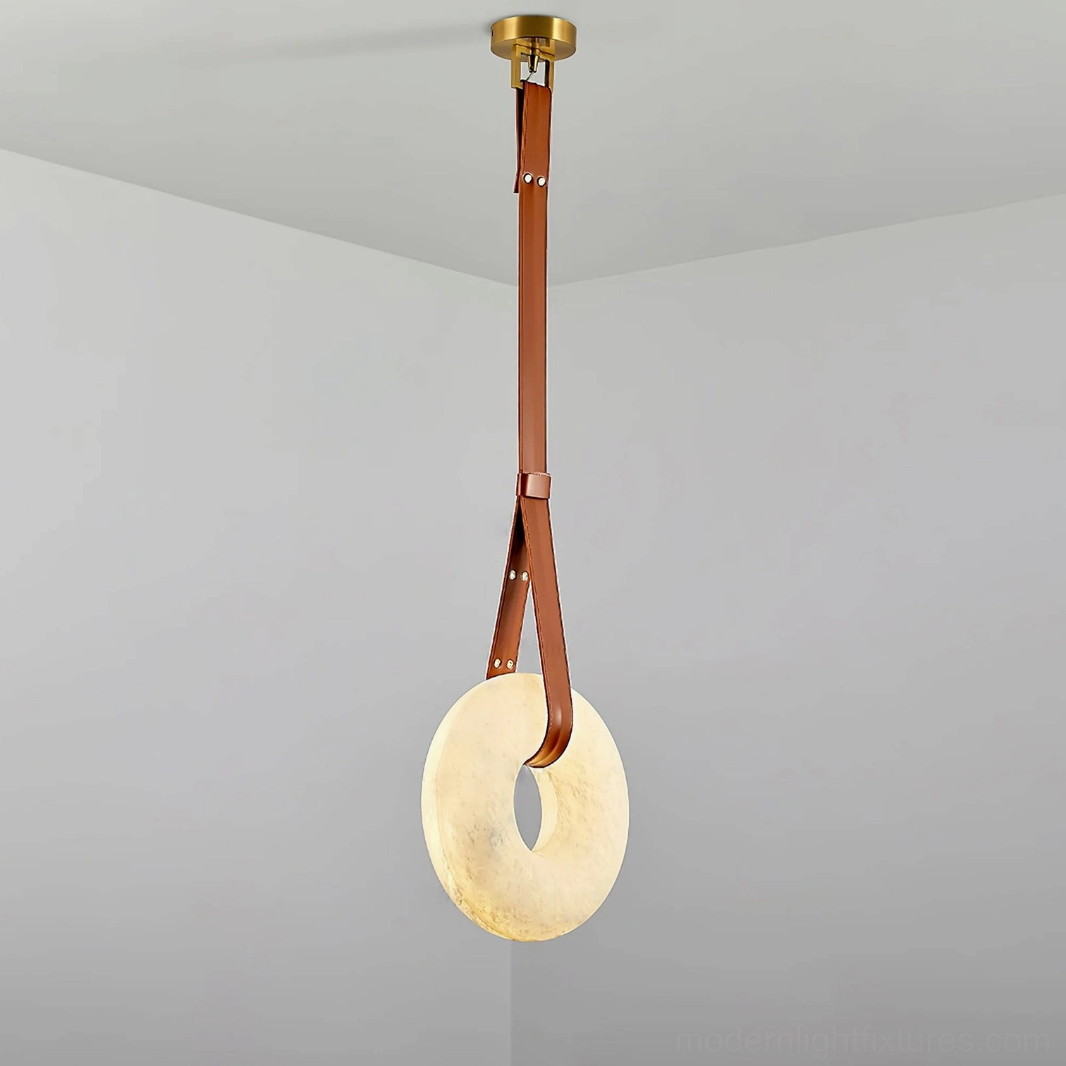 Oslo pendant light available colors comparison showing dark brown, warm brown, and white leather strap options