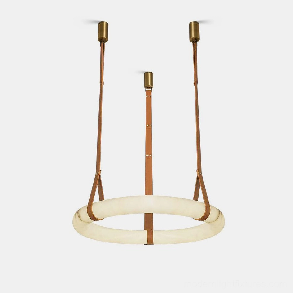 Full suspension view of Oslo alabaster pendant showing extended leather strap length and ceiling canopy connection
