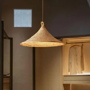 Overhead view of natural hemp rope pendant light showing woven texture and top suspension