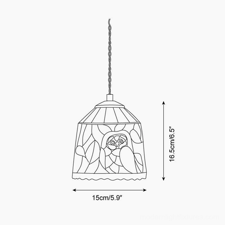 Handcrafted stained glass pendant light technical drawing with owl and leaf pattern design