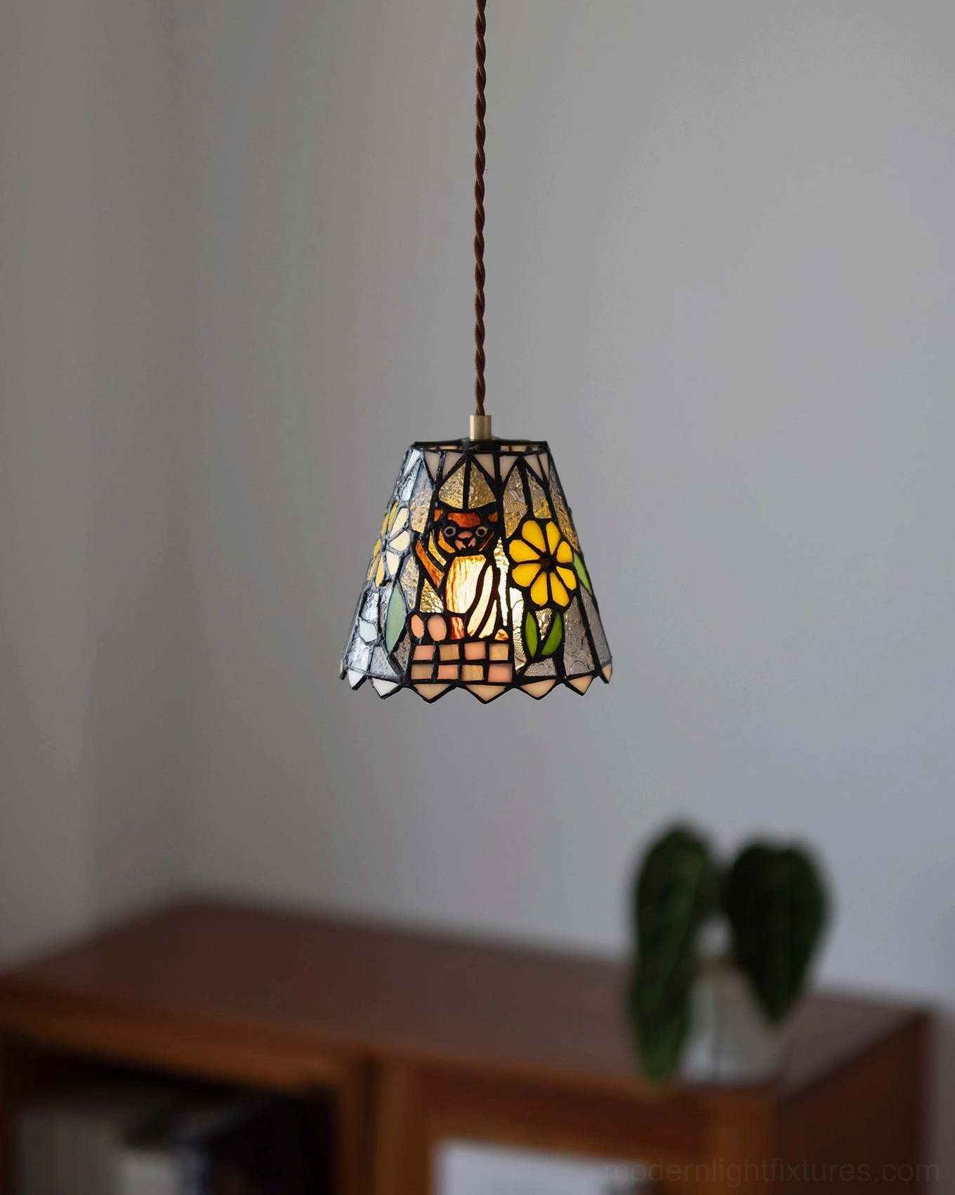 Mixed pattern stained glass pendant light with owl and sunflower design in country retro style