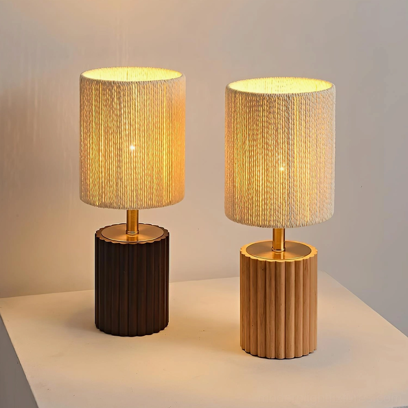 Pair of contemporary wooden table lamps in matching colors, minimalist Nordic style display