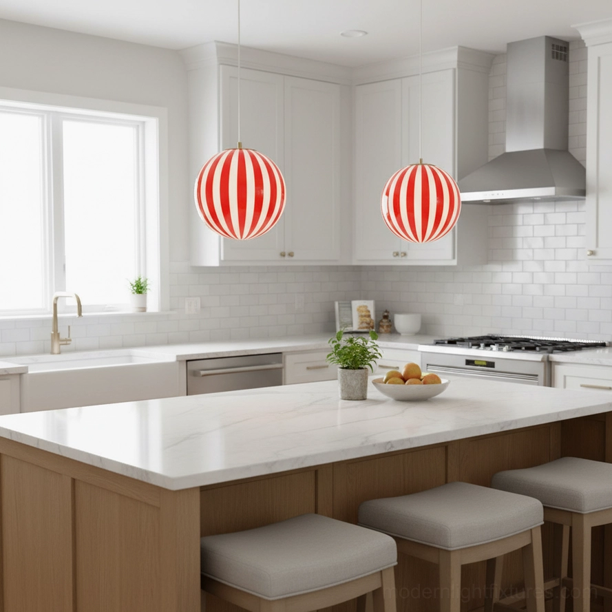 Two matching red striped spherical pendant lights mounted above modern kitchen island counter