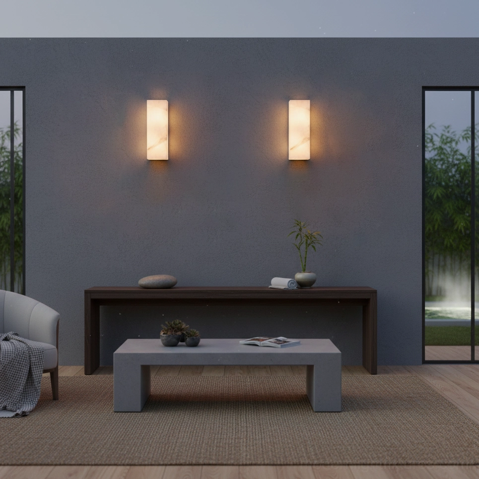 Pair rectangular alabaster wall sconces minimalist neutral living room natural stone warm glow