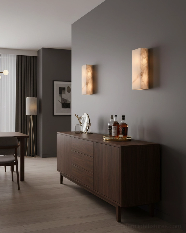 Two paired rectangular alabaster wall sconces modern minimalist dining living room dark wood decor