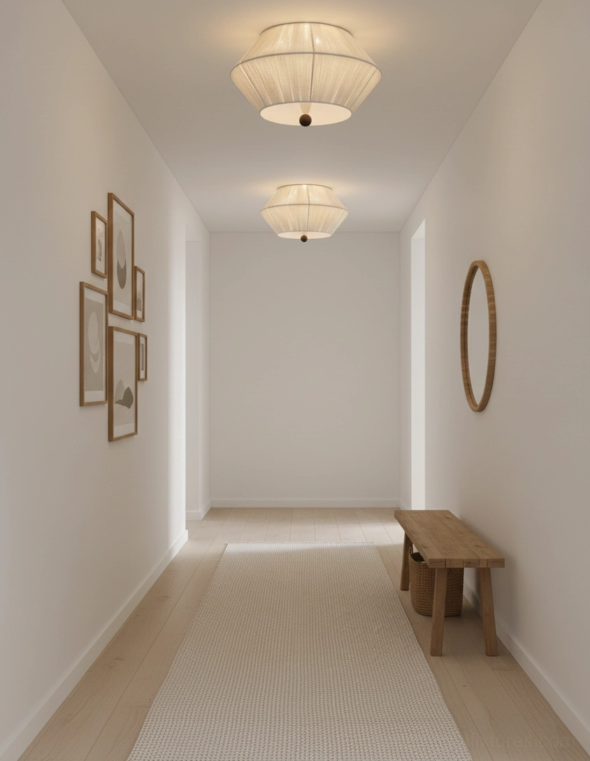 Two matching modern tapered fabric ceiling lights in minimalist hallway with neutral décor and wall art