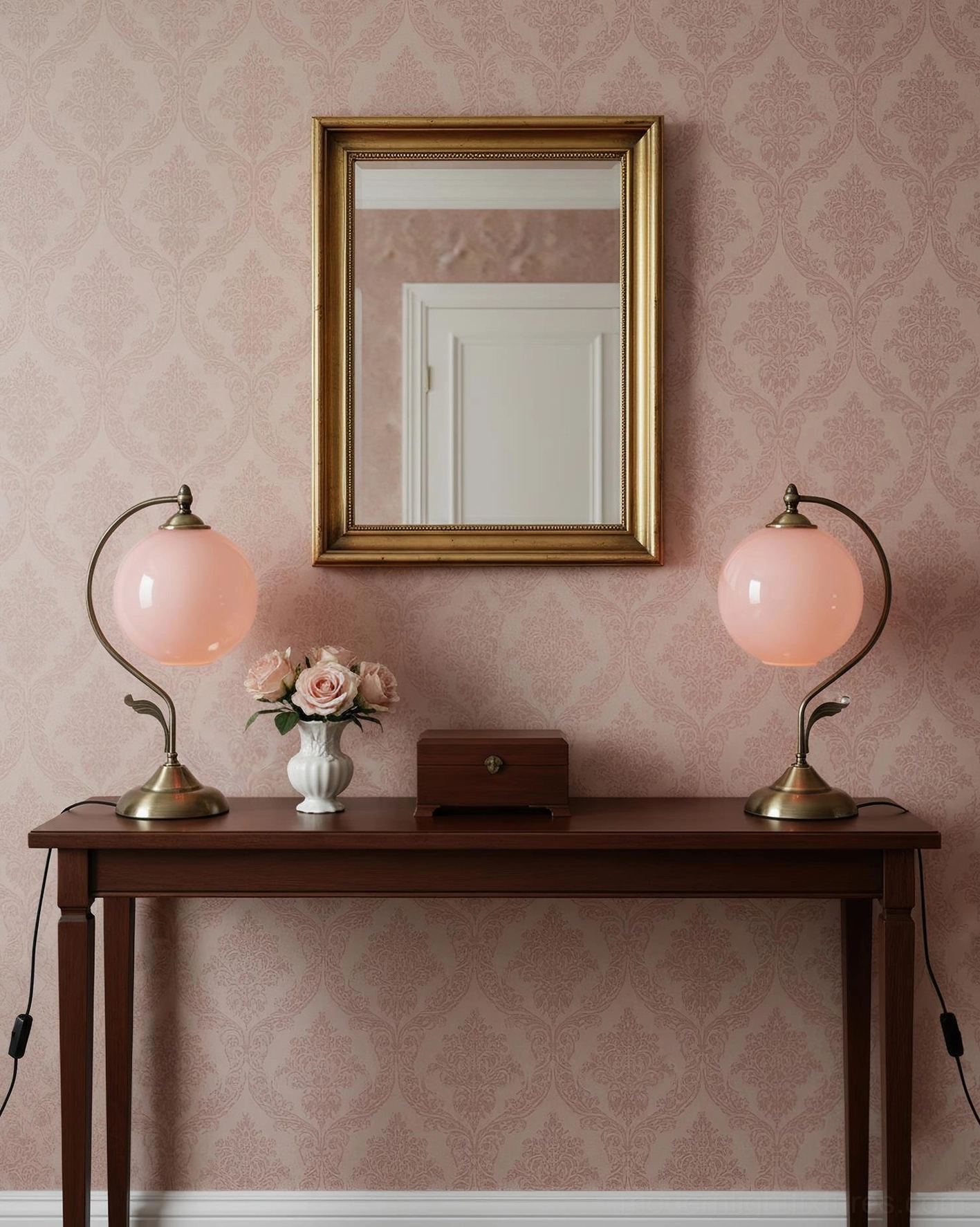 Pair of curved brass globe table lamps on dark wood console table with gold mirror and floral arrangement, elegant entryway decor