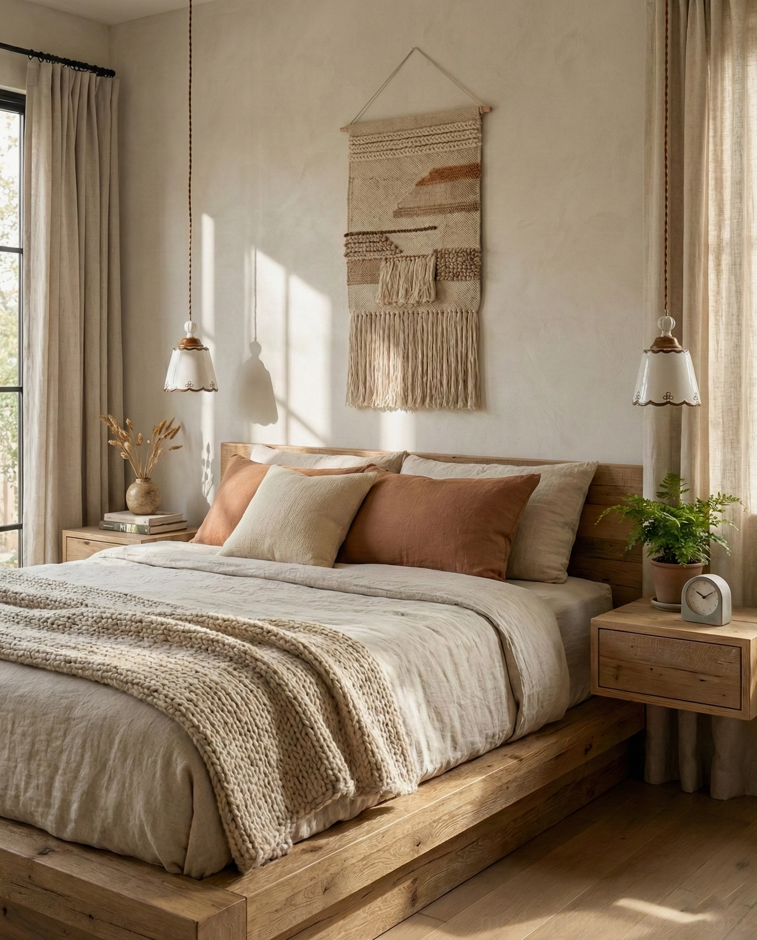 Two matching ceramic pendant lights flanking wooden bed in boho master bedroom with warm rustic aesthetic