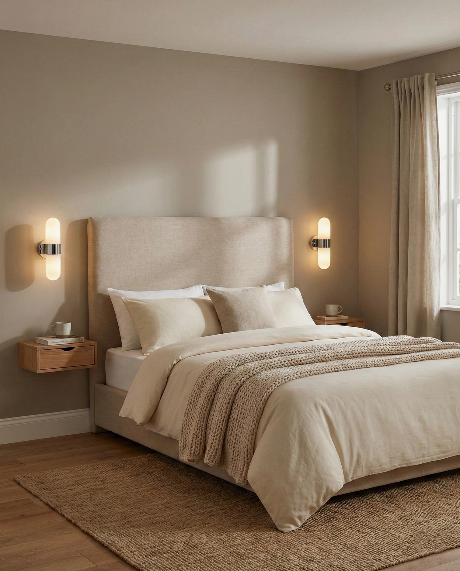 Pair of Milano wall sconces flanking bed in master bedroom - warm modern ambient lighting