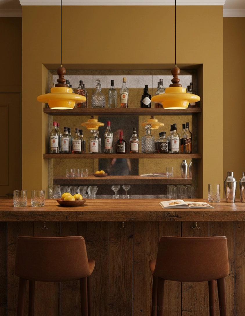 Two mid-century yellow glass pendant lights suspended above home bar counter with wooden shelving and leather seating