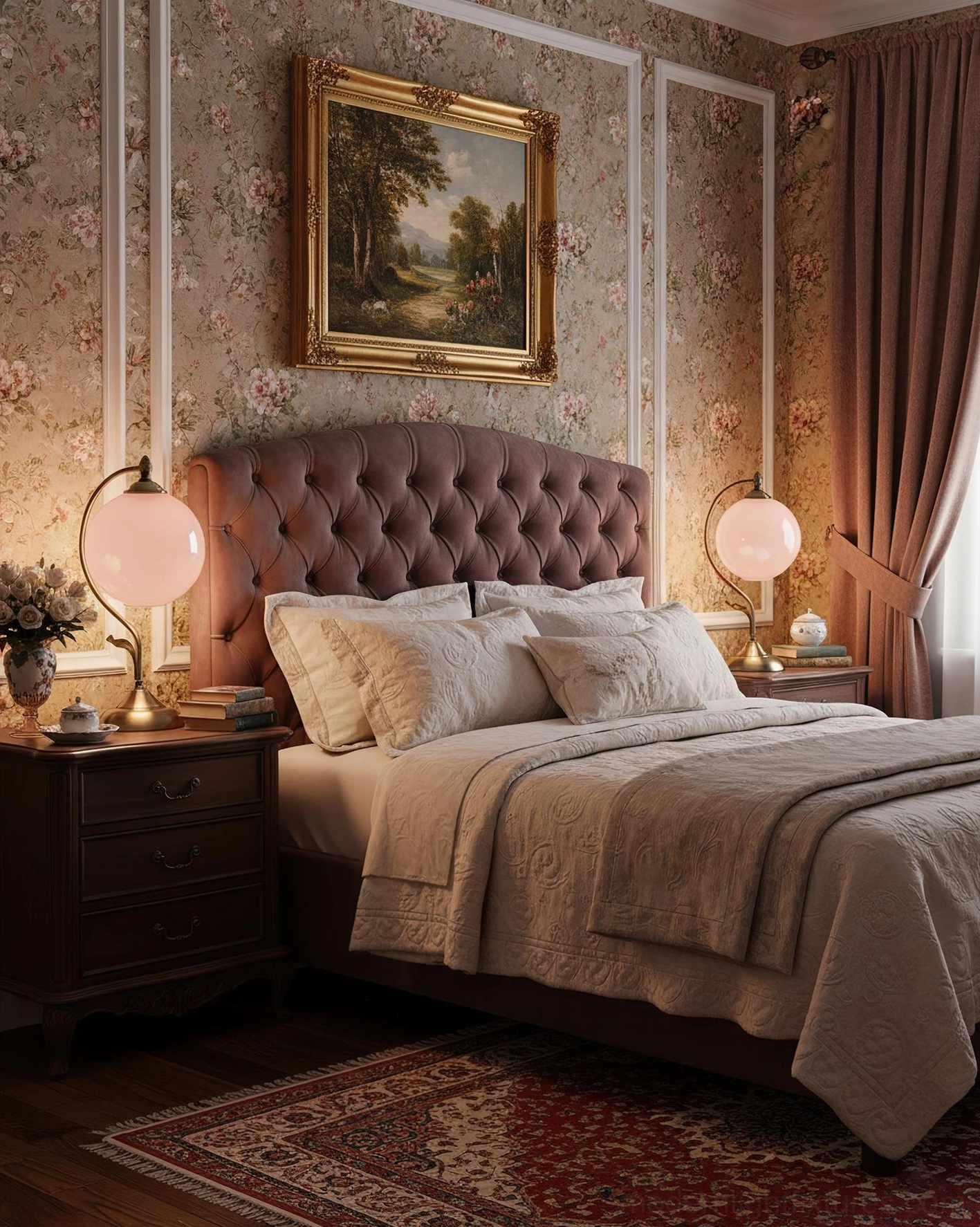Pair of pink frosted celestial globe lamps flanking dark wood nightstands in master bedroom with tufted headboard, traditional luxury bedroom lighting
