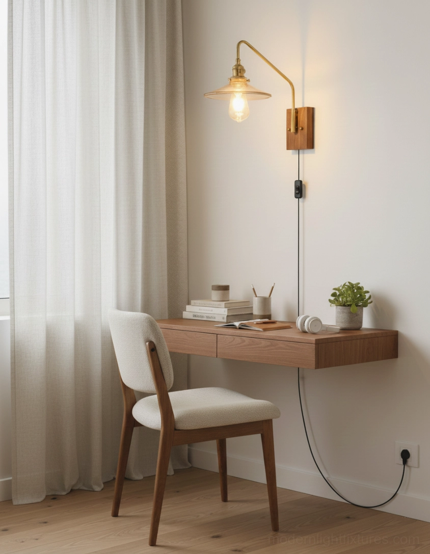 Pair of retro brass wall sconces symmetrically mounted flanking fireplace or focal wall