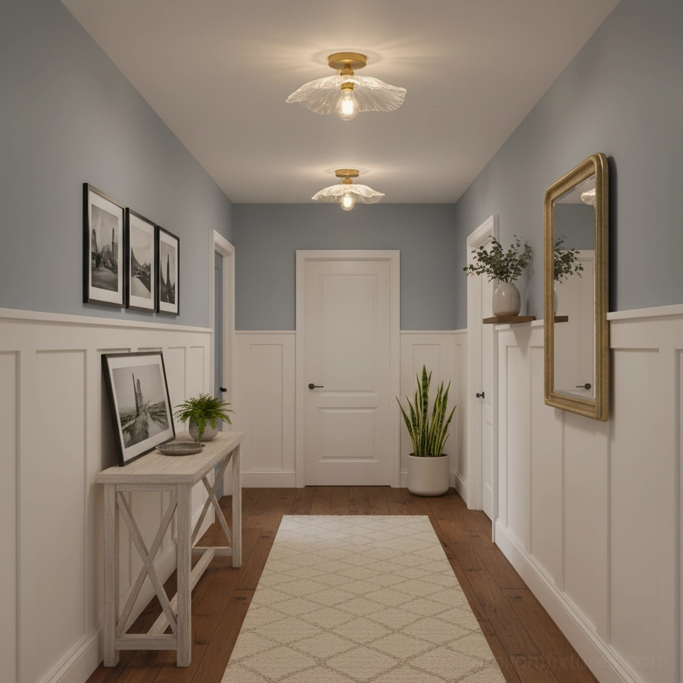 Dual ruffled glass semi-flush ceiling lights installed in wainscoted residential hallway creating coordinated ambient lighting