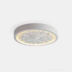 Palais Ring neoclassical carved floral flush mount ceiling light with off-white resin body and embossed pattern, studio view