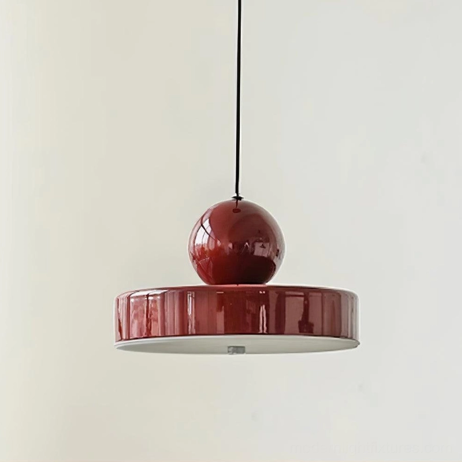 Pallade pendant lamp with burgundy disc and sphere, warm light contemporary style
