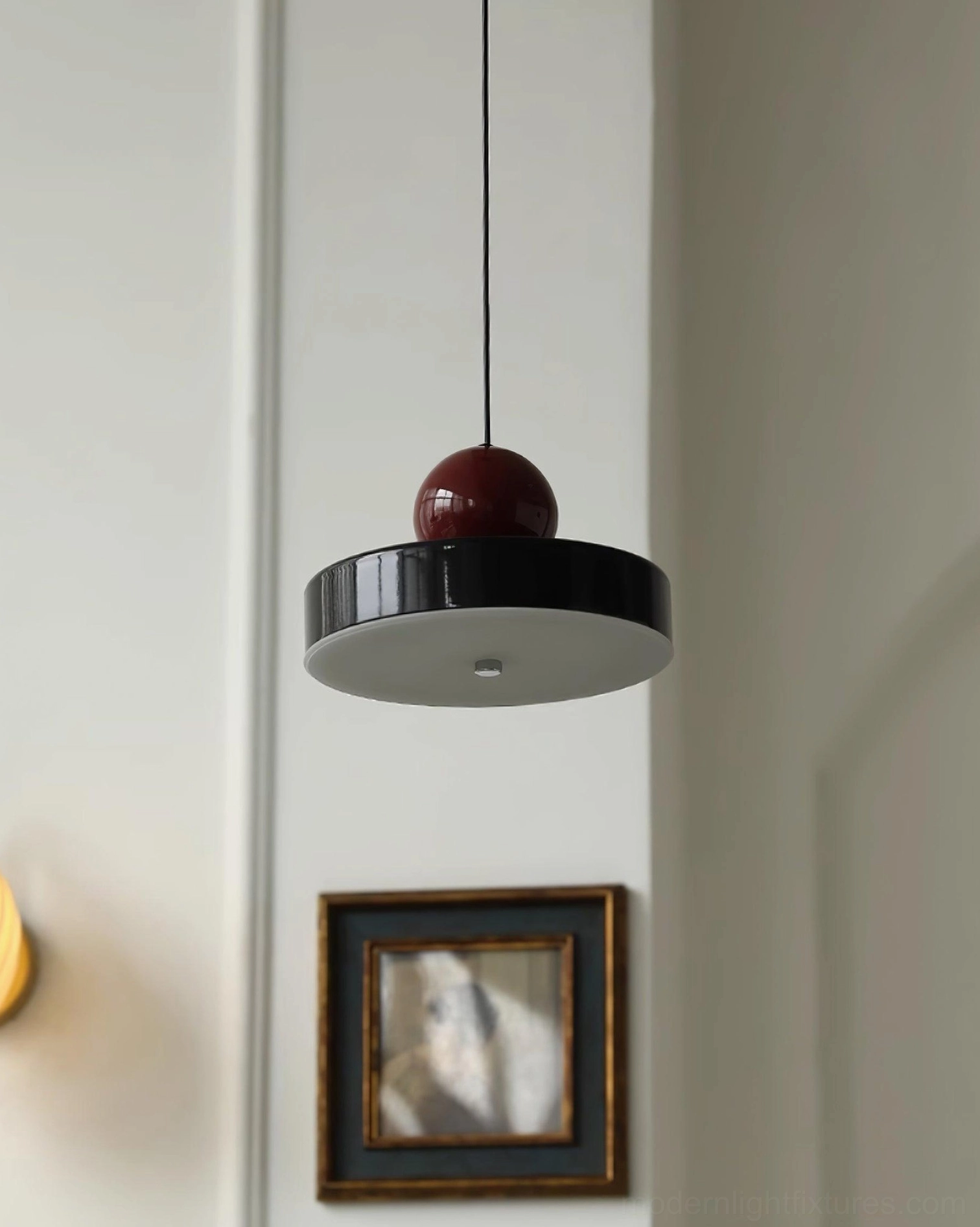 Pallade pendant light electroplated metal construction detail, spherical fixture closeup