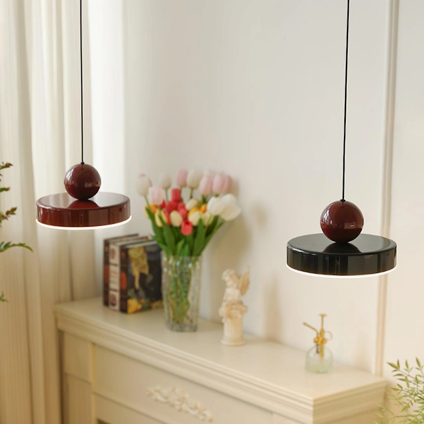 Two Pallade pendant lamps in mixed colors, contemporary lighting design options