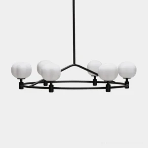 Pallina modern 6-light black ring chandelier with frosted white glass shades, overhead studio view