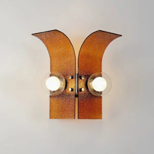 Modern palm wall sconce featuring warm amber textured glass globes and metal fixtures, elevated angle