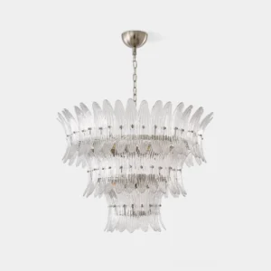 Palmette tiered glass chandelier with layered feather design and gold metal frame on white background, modern luxury lighting fixture