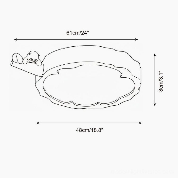 Technical blueprint of panda-themed ceiling light fixture featuring dark walnut wood finish and ornament placement