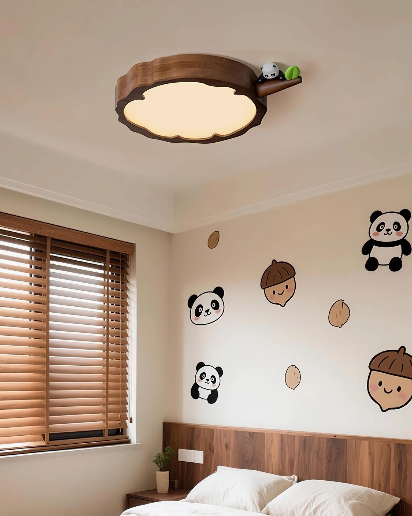 Panda-themed dark walnut wood ceiling light fixture creating warm ambient glow in child's bedroom setting