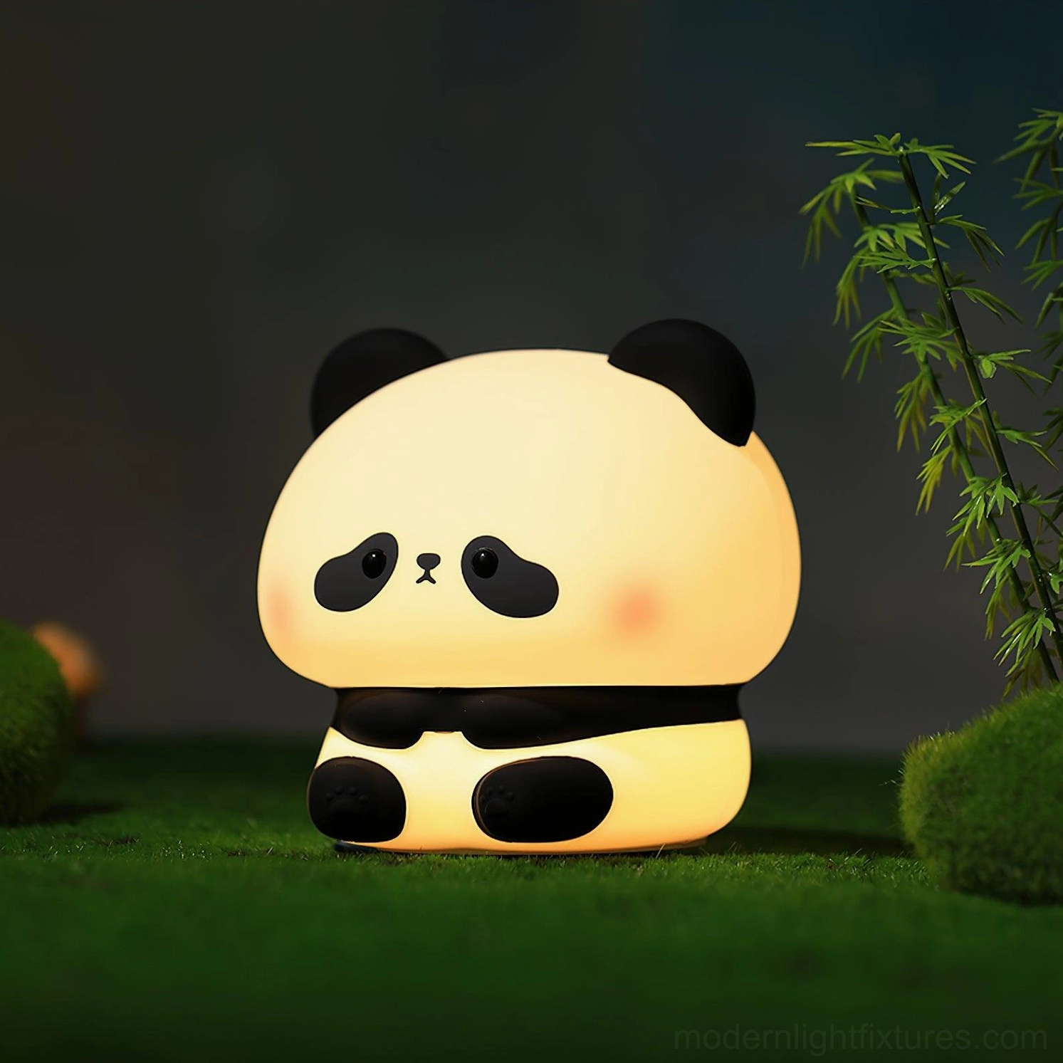 Panda night light glowing softly in outdoor nighttime setting with bamboo decor - ambient lighting scene