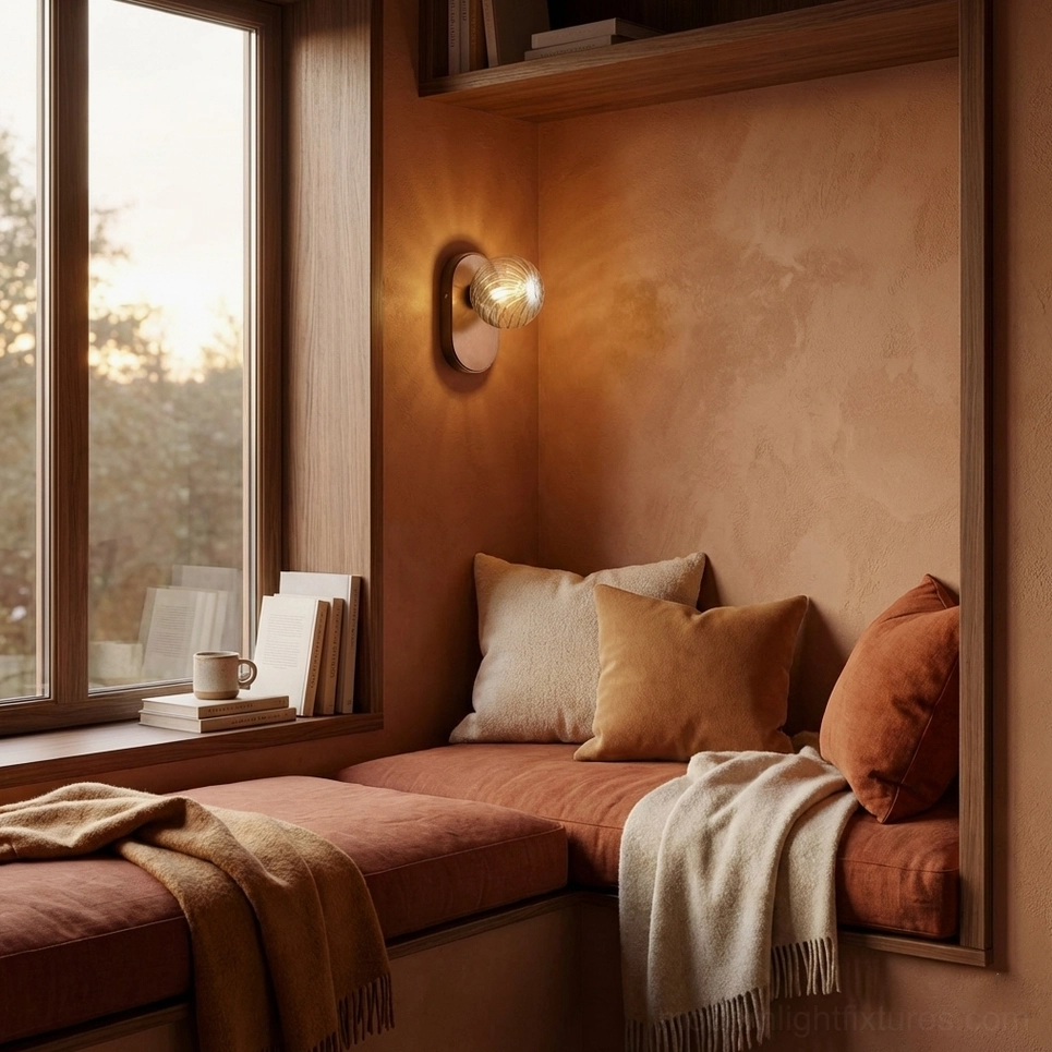 Modern Paola amber glass orb wall lamp mounted in mid-century interior setting