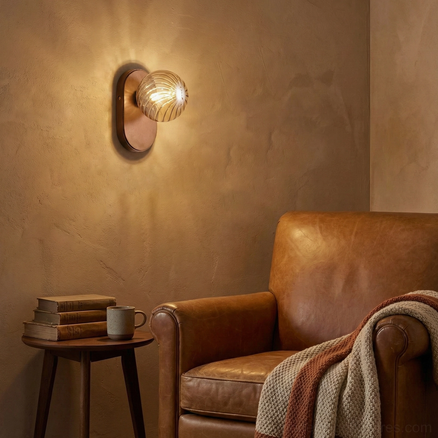 Paola orb wall sconce close-up showing detailed ribbed glass texture and bronze metal base