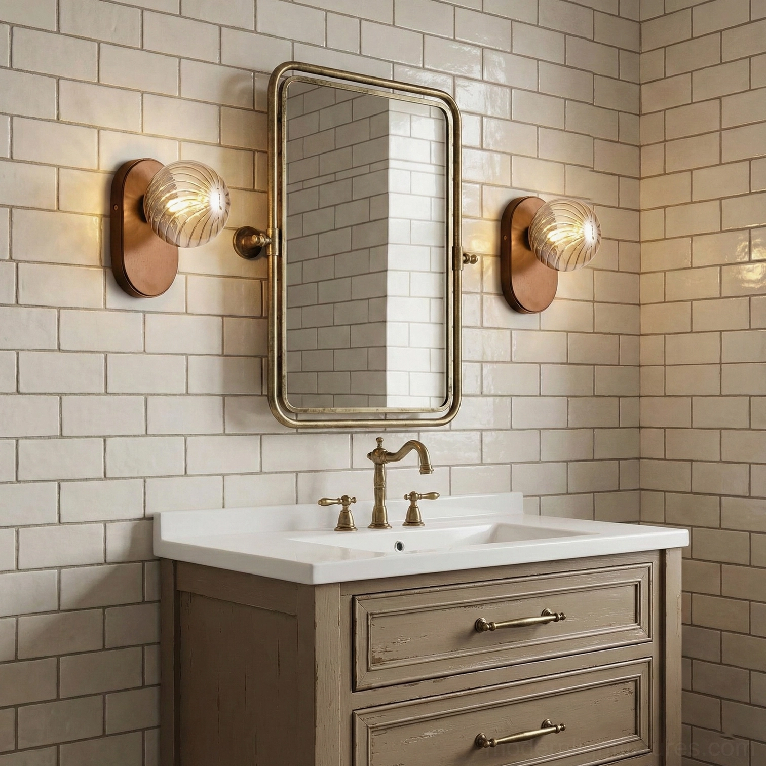 Matched pair of modern ribbed glass wall sconces in contemporary bathroom with subway tile