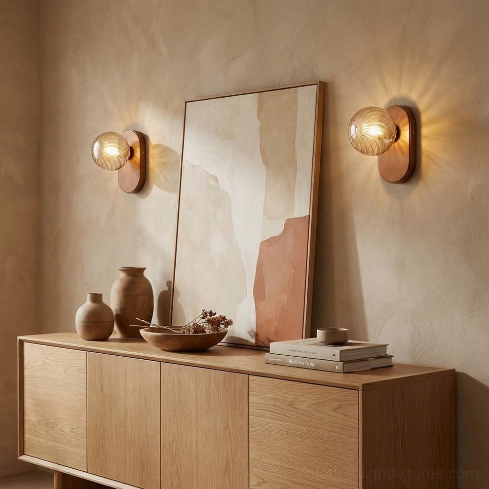 Two Paola orb wall lamps mounted on either side of framed art in boho minimalist gallery space